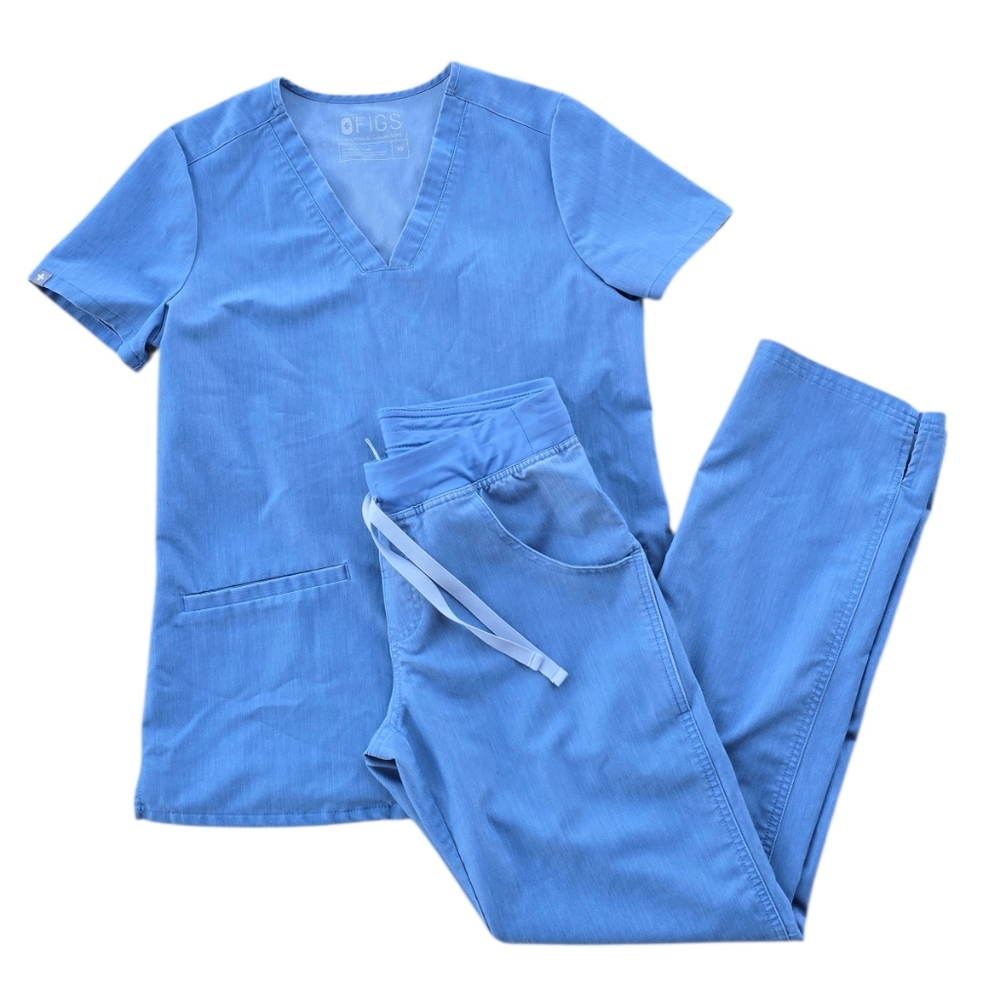 Figs Straight Leg Scrub Pants and Top in Sky Blue